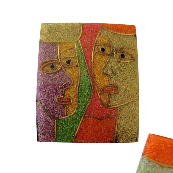 Vintage Abstract Modernist Faces Brooch and Earrings Jewelry Set - Picture 3 of 4